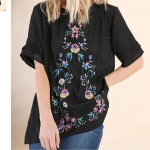 UMGEE Floral Embroidered Short Sleeve Crochet Trim Large L Black Colorful